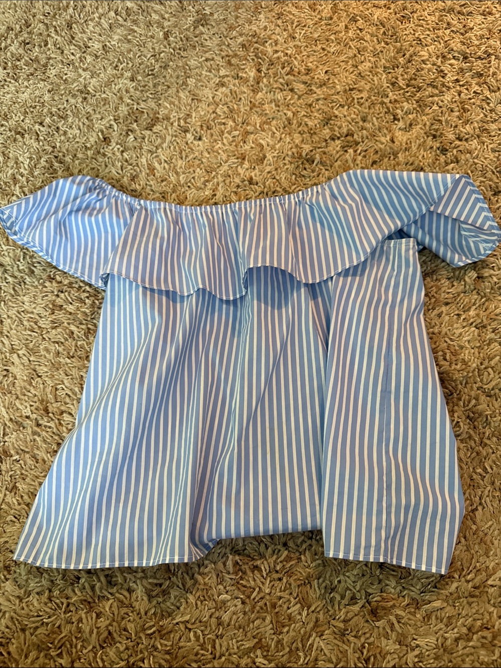 Off-Shoulder Blue & White Striped Ruffle Top